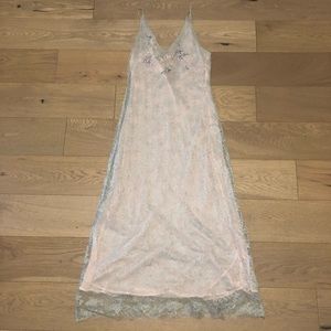 Vintage Victoria’s Secret Nightgown Chemise Dress L Lace Sheer Green Pink Floral